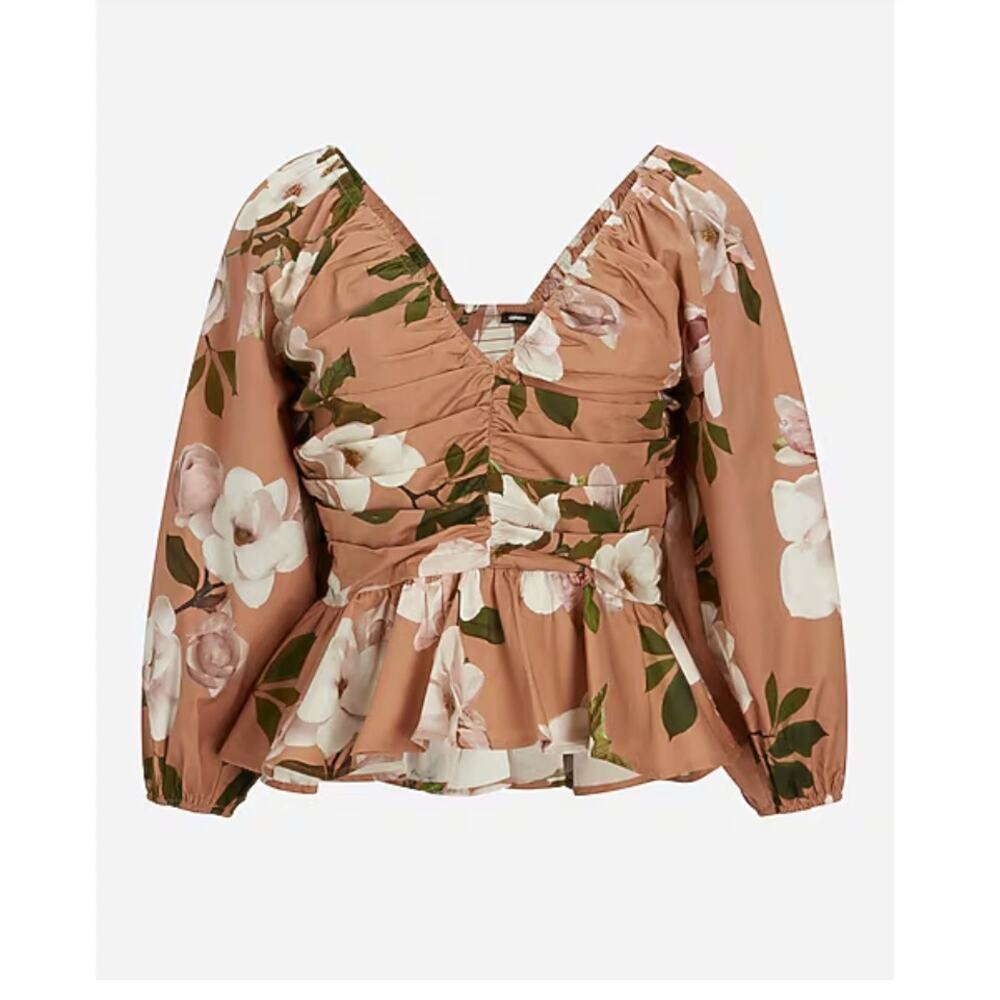EXPRESS Floral Pleated Peplum Top in Brown Floral Print // XL - Picture 13 of 13